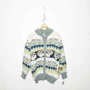 Vintage 90s Pastel Floral Rose Cardigan chunky knit oversized womens M NWT